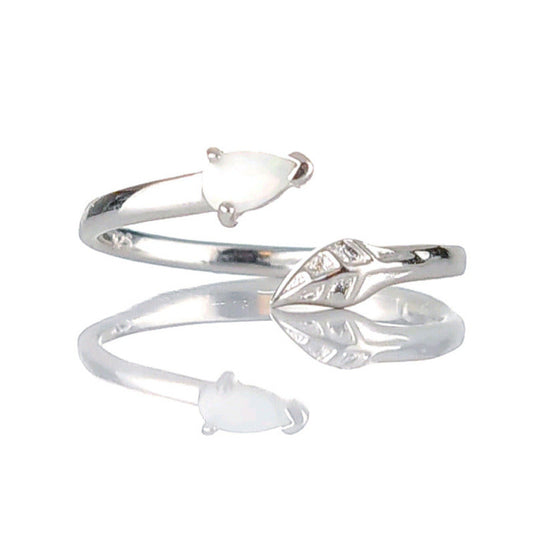 Sterling Silver Opal Leaf Ring Adjustable Size J - T October Birthstone