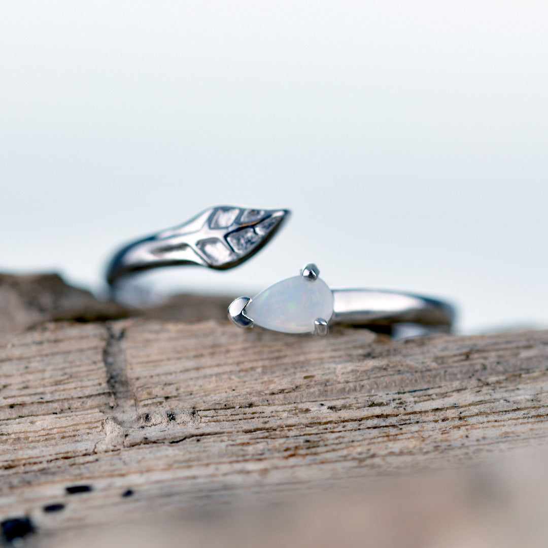 Sterling Silver Opal Leaf Ring Adjustable Size J - T October Birthstone