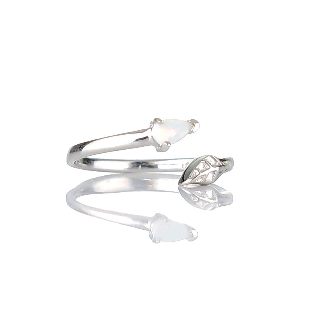 Sterling Silver Opal Leaf Ring Adjustable Size J - T October Birthstone