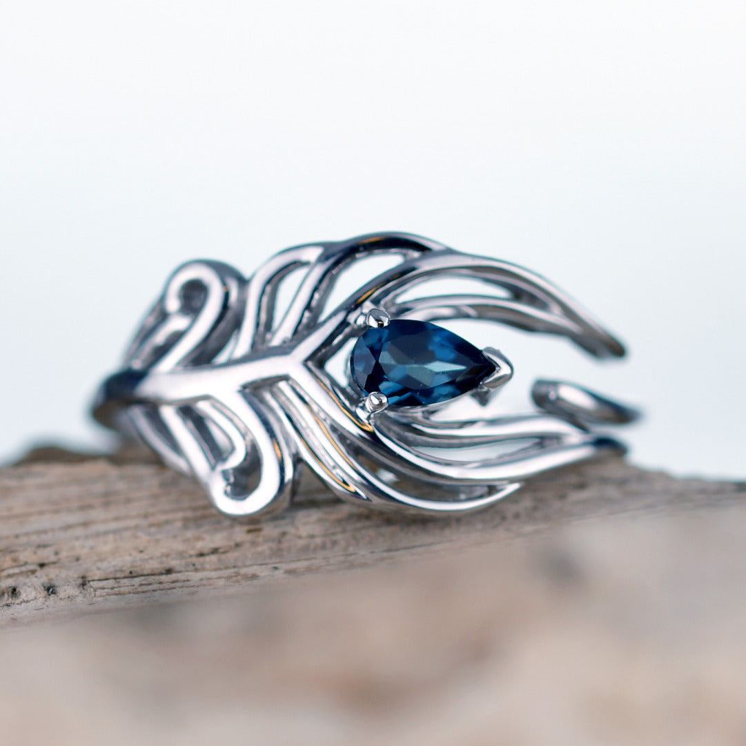 London Blue Topaz Peacock Feather Ring in Sterling Silver