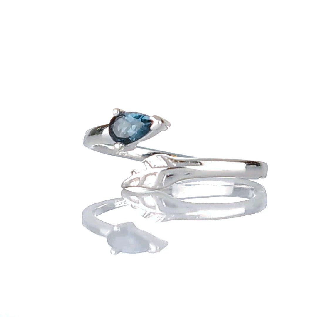 Sterling Silver Topaz Leaf Ring Adjustable Size I-T London Blue Boxed Gift