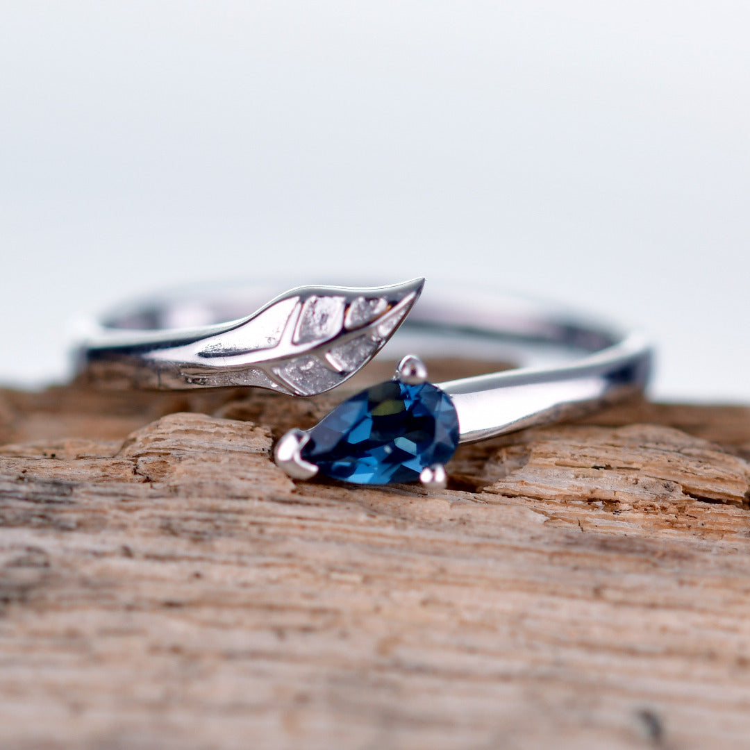 Sterling Silver Topaz Leaf Ring Adjustable Size I-T London Blue Boxed Gift