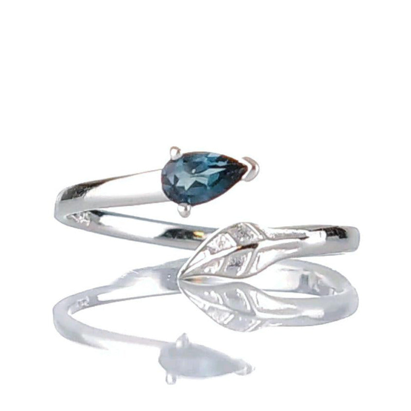 Sterling Silver Topaz Leaf Ring Adjustable Size I-T London Blue Boxed Gift