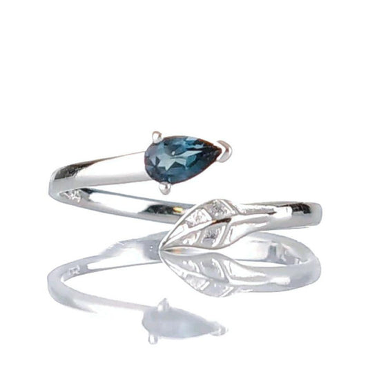 Sterling Silver Topaz Leaf Ring Adjustable Size I-T London Blue Boxed Gift