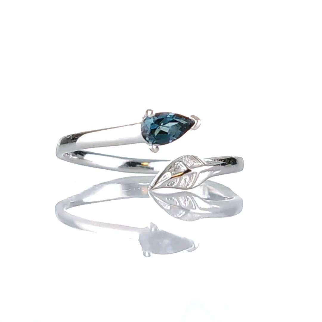 Sterling Silver Topaz Leaf Ring Adjustable Size I-T London Blue Boxed Gift