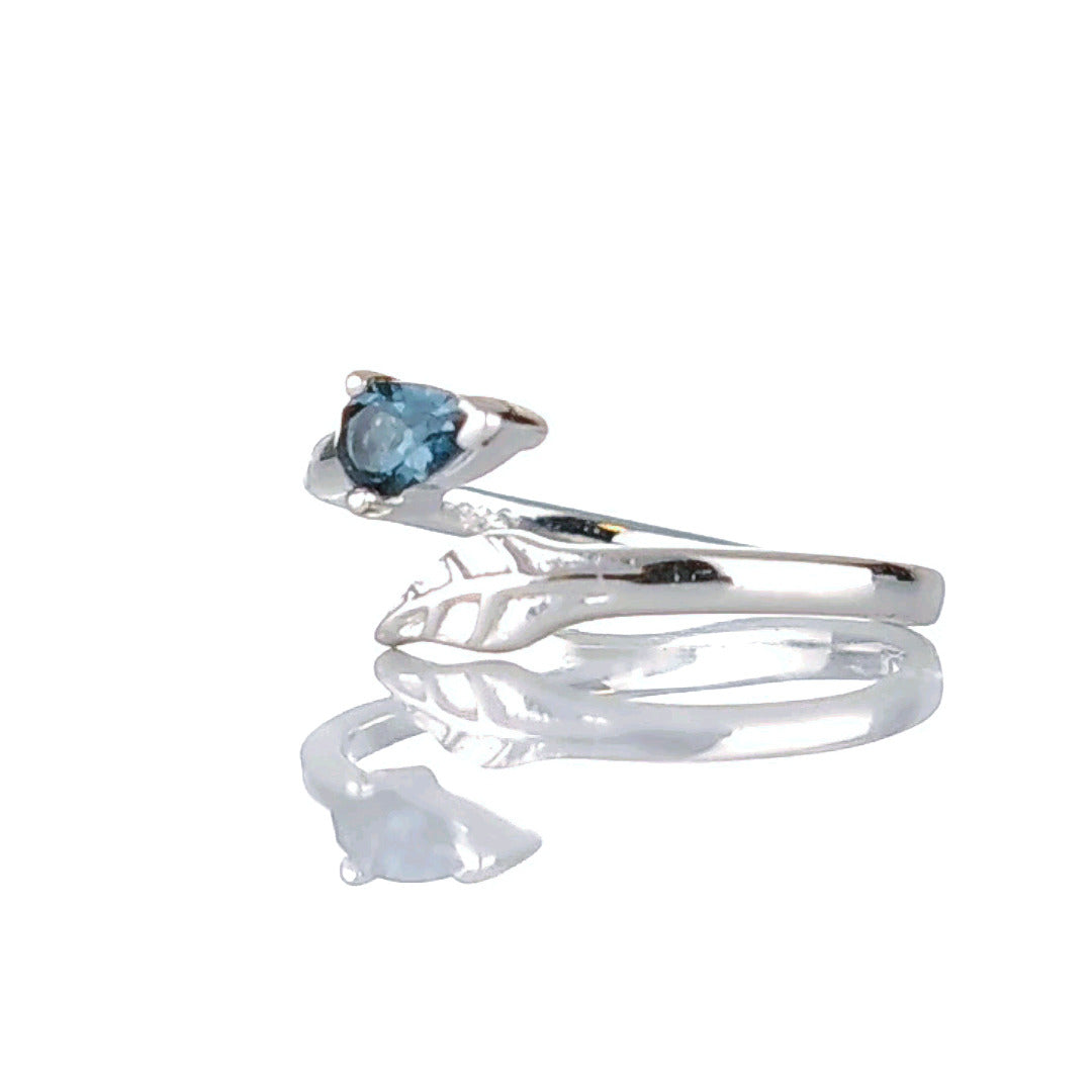 Sterling Silver Topaz Leaf Ring Adjustable Size I-T London Blue Boxed Gift