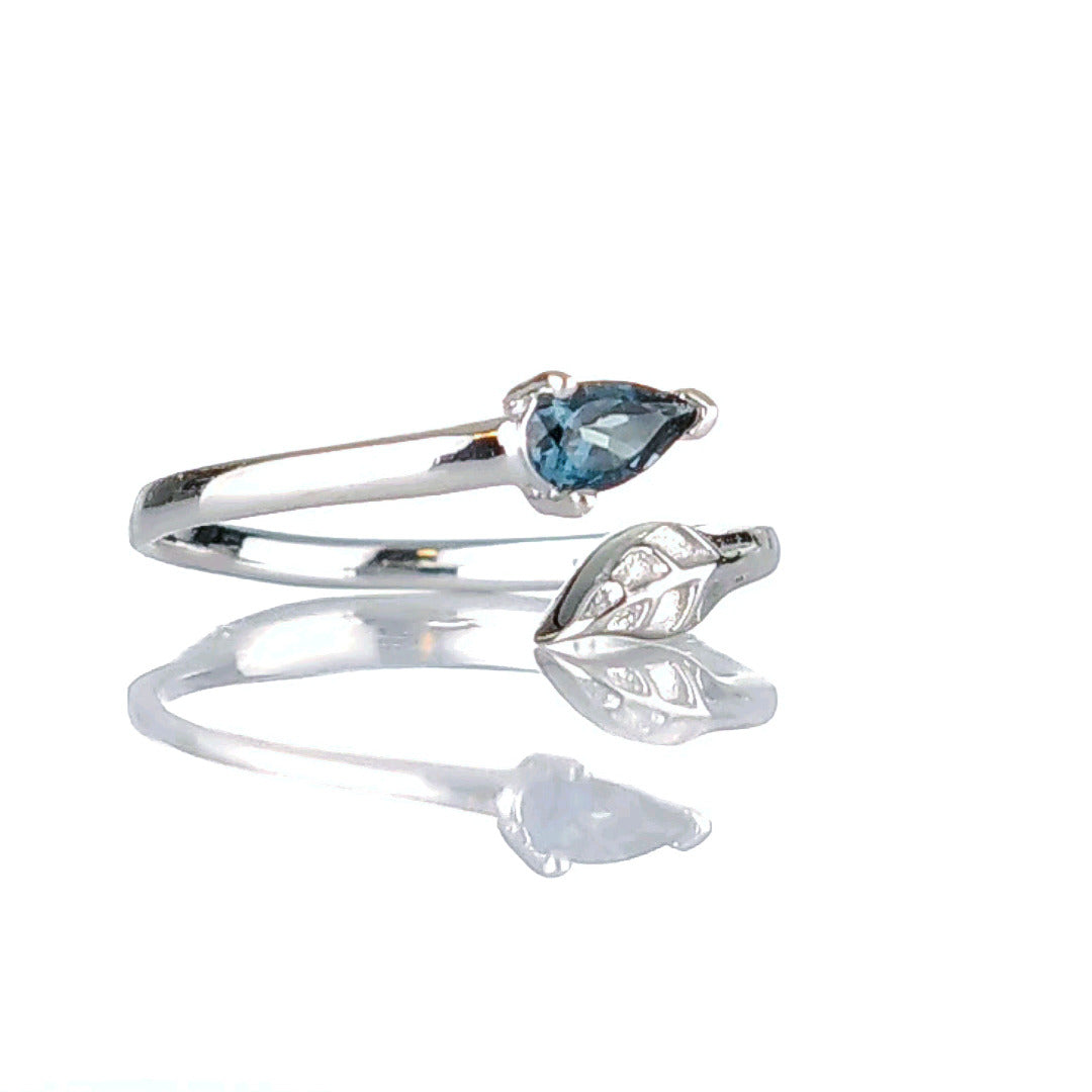 Sterling Silver Topaz Leaf Ring Adjustable Size I-T London Blue Boxed Gift