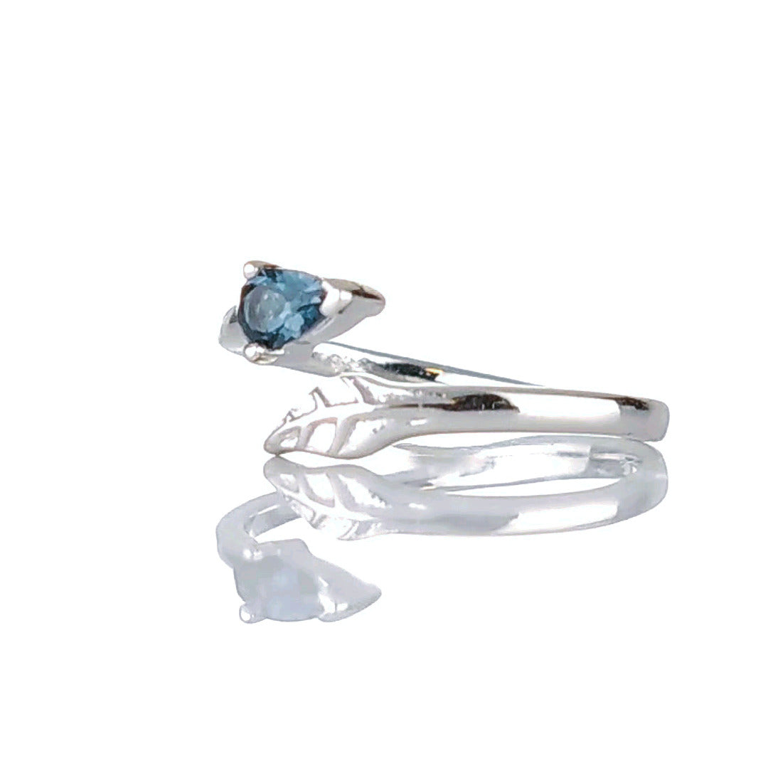 Sterling Silver Topaz Leaf Ring Adjustable Size I-T London Blue Boxed Gift