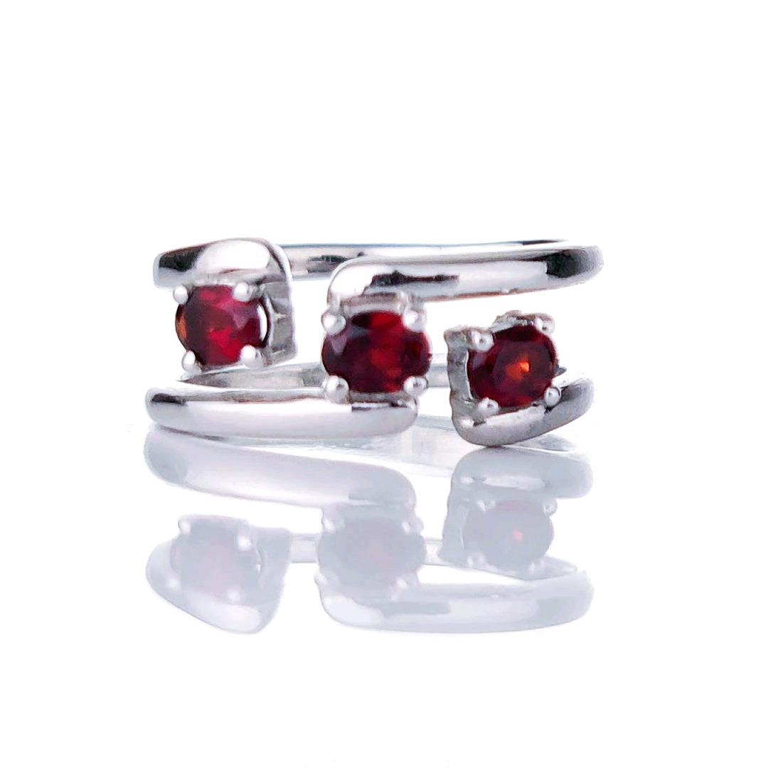garnet adjustable trilogy ring sterling silver size i-s designed in the UK