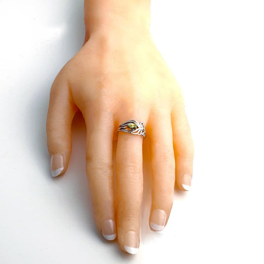 Peridot Peacock Feather Ring Size J-S Adjustable