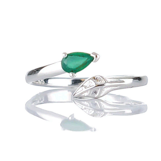 Sterling Silver Onyx Green Leaf Ring Adjustable Size I-T May Birthstone