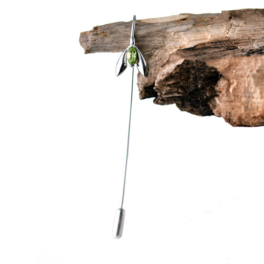 Peridot Snowdrop Tie or Lapel Stick Pin Sterling Silver