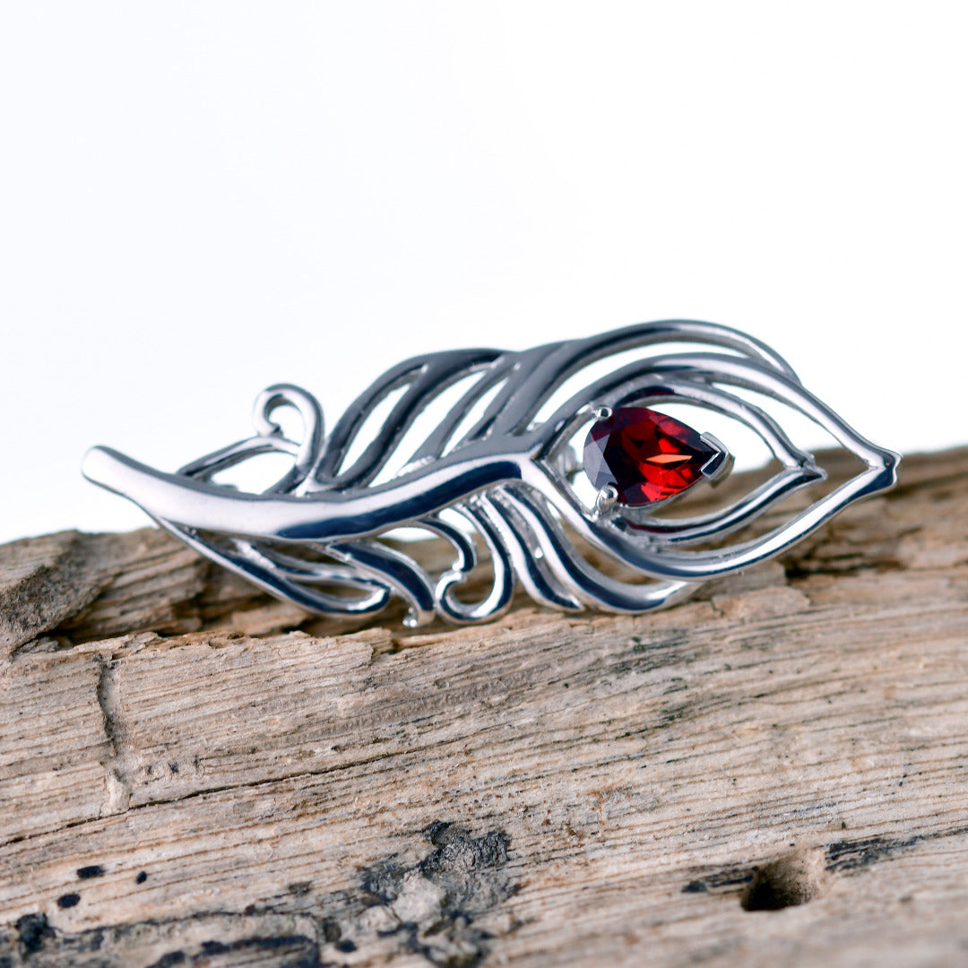 Garnet Sterling Silver Brooch Red 0.81ct Peacock Feather January Birthstone