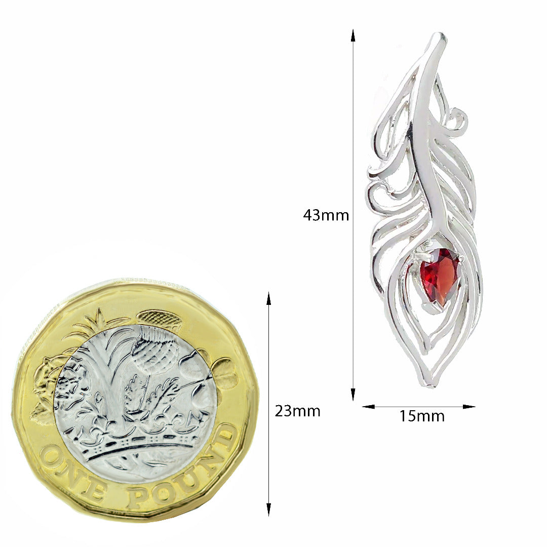 Garnet Sterling Silver Brooch Red 0.81ct Peacock Feather January Birthstone