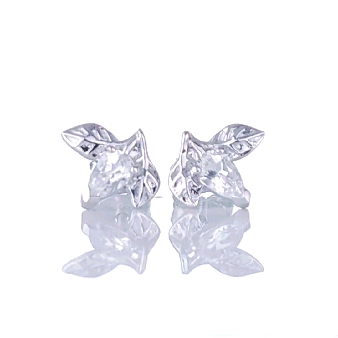 White Topaz Earrings 0.5ct Pear Leaf Studs Sterling Silver
