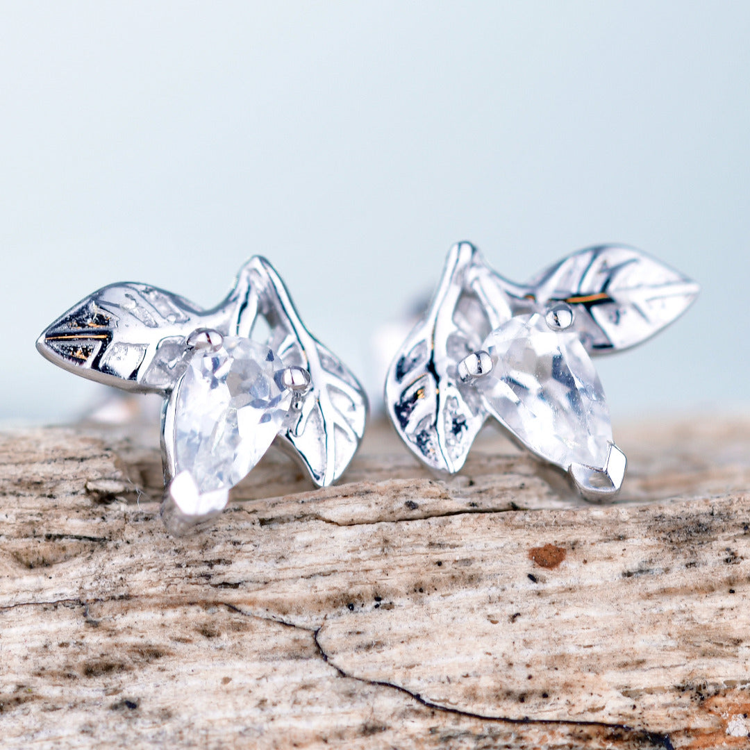 White Topaz Earrings 0.5ct Pear Leaf Studs Sterling Silver