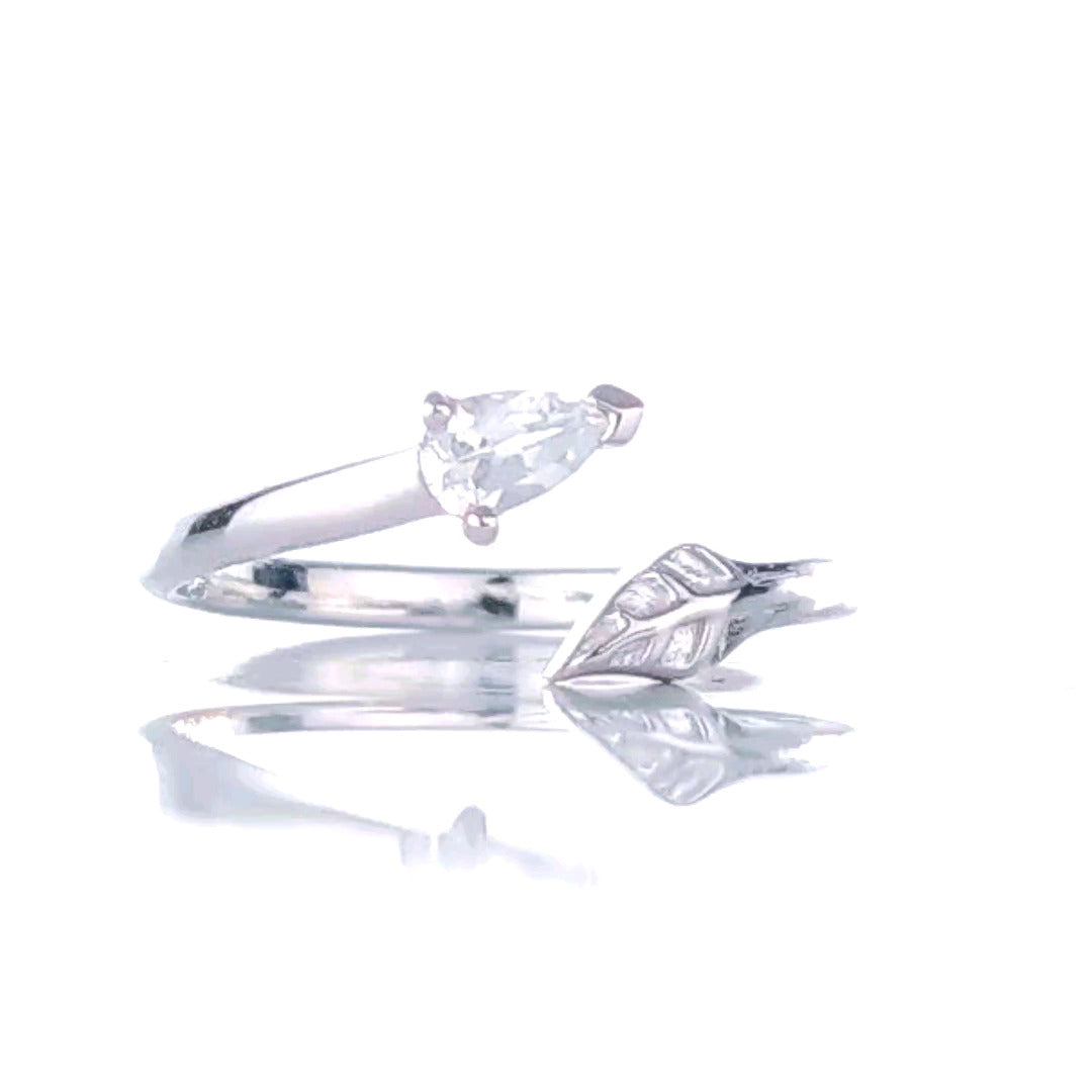 sterling silver ring size adjustable i-t white topaz leaves designed in the UK