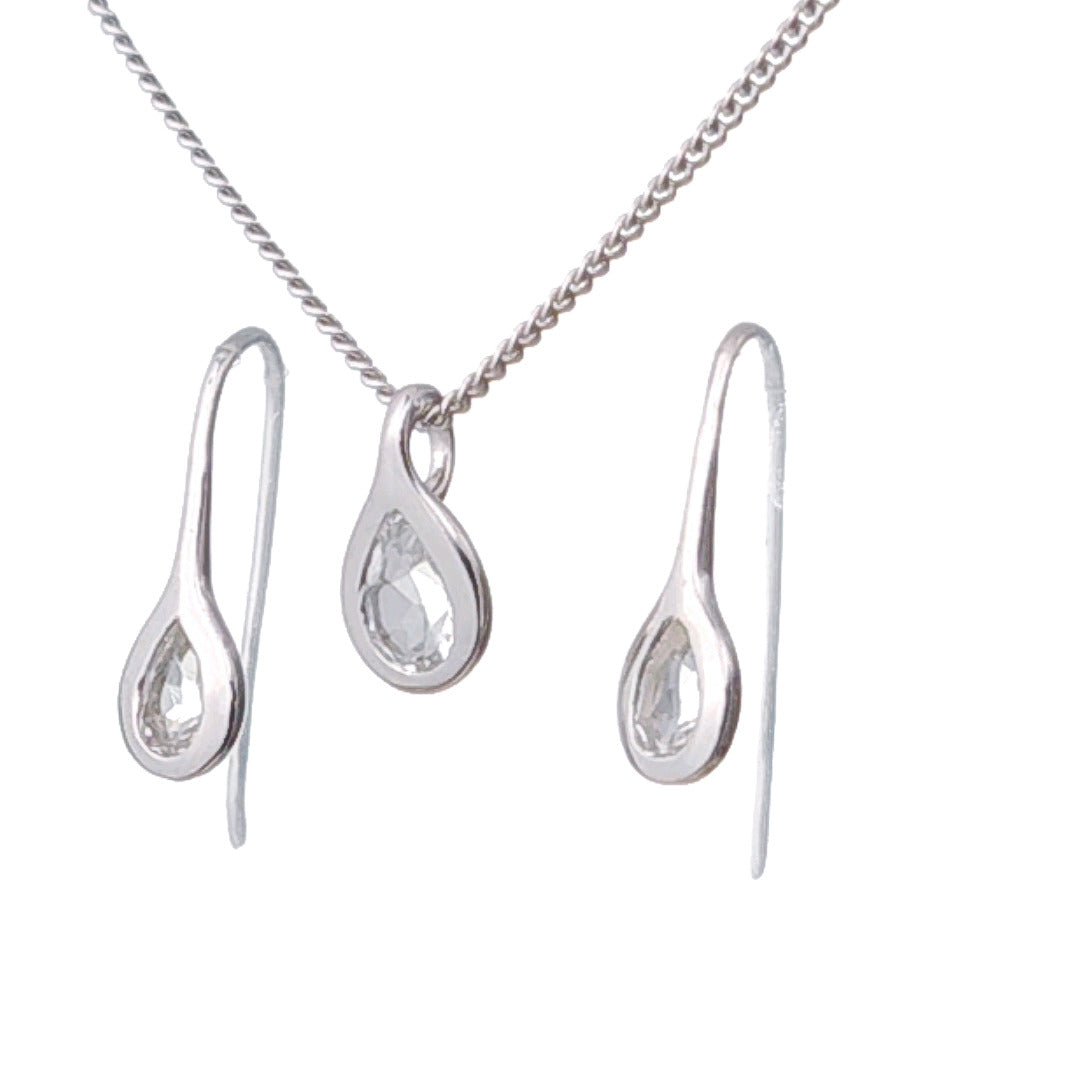 White Topaz Necklace Earring Set 1ct Pear Pendant Sterling Silver