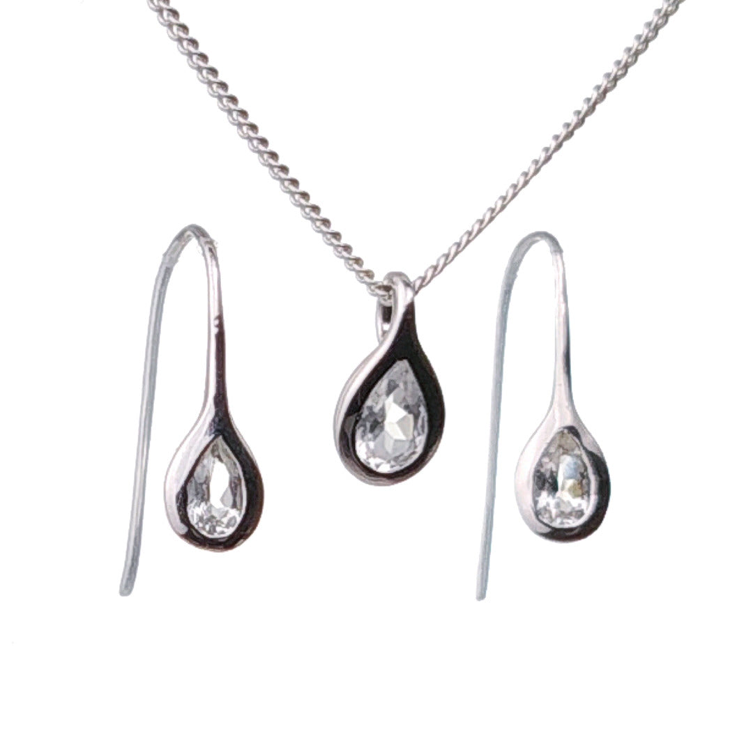White Topaz Necklace Earring Set 1ct Pear Pendant Sterling Silver