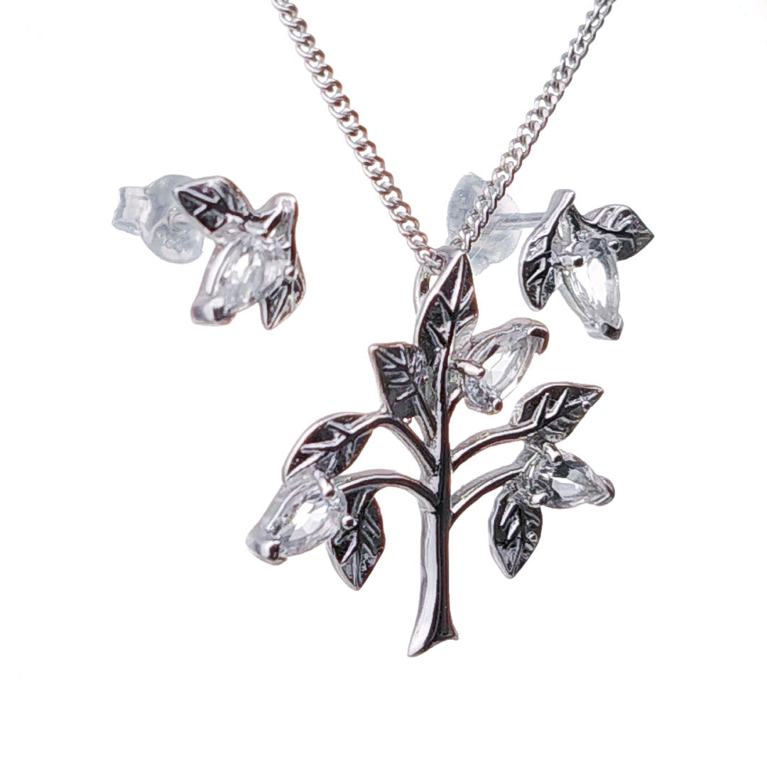 White Topaz Necklace Earring Set 1.25ct Pear Tree of Life Leaves Sterling Silver