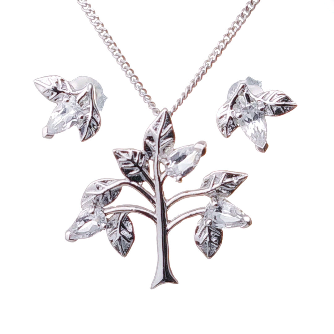 White Topaz Necklace Earring Set 1.25ct Pear Tree of Life Leaves Sterling Silver
