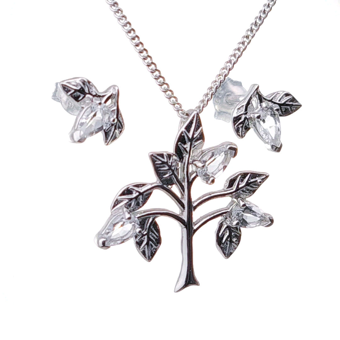 White Topaz Necklace Earring Set 1.25ct Pear Tree of Life Leaves Sterling Silver