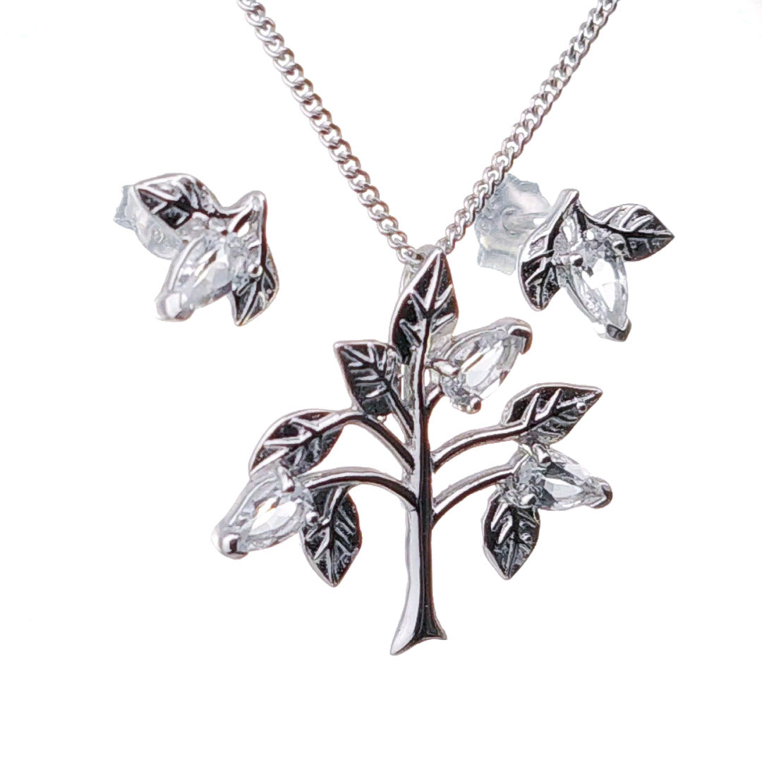 White Topaz Necklace Earring Set 1.25ct Pear Tree of Life Leaves Sterling Silver