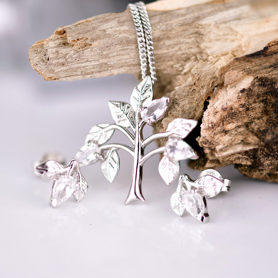White Topaz Necklace Earring Set 1.25ct Pear Tree of Life Leaves Sterling Silver