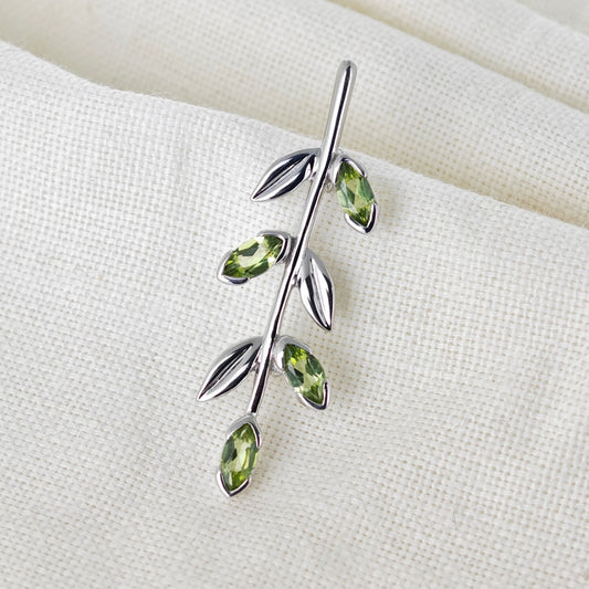 Peridot Olive Branch Brooch Sterling Silver on cotton