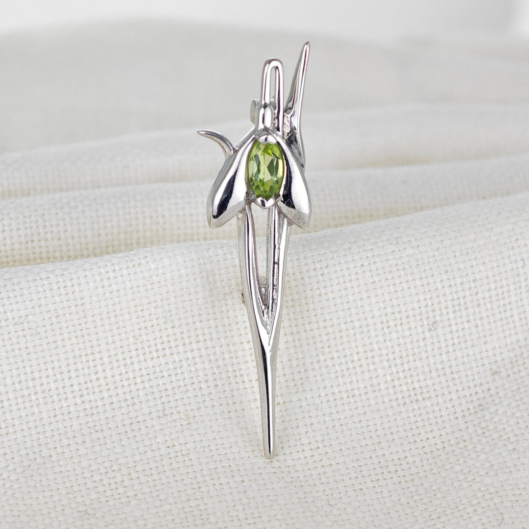 Peridot Snowdrop Brooch Sterling Silver on cotton