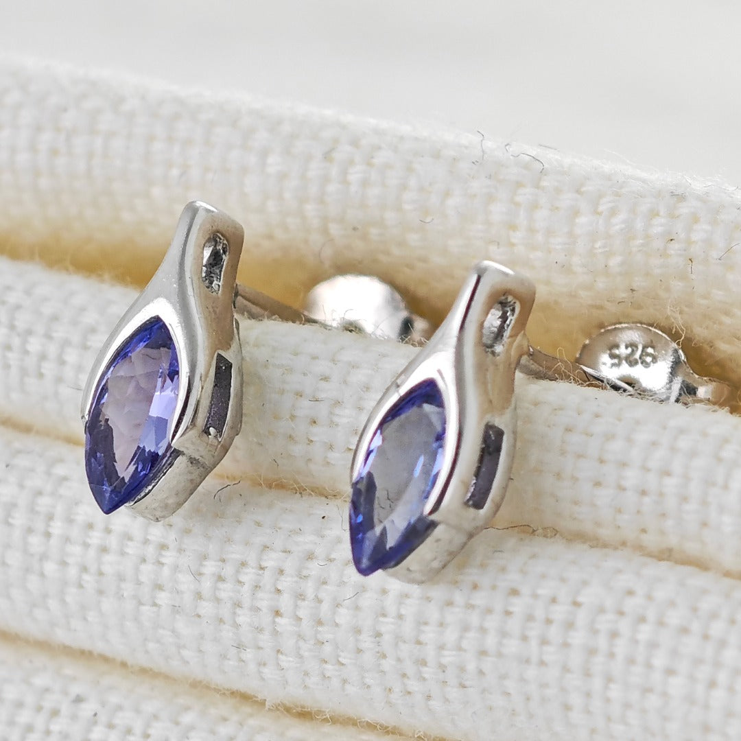 Tanzanite Earrings Sterling Silver Studs Minimalist Marquise