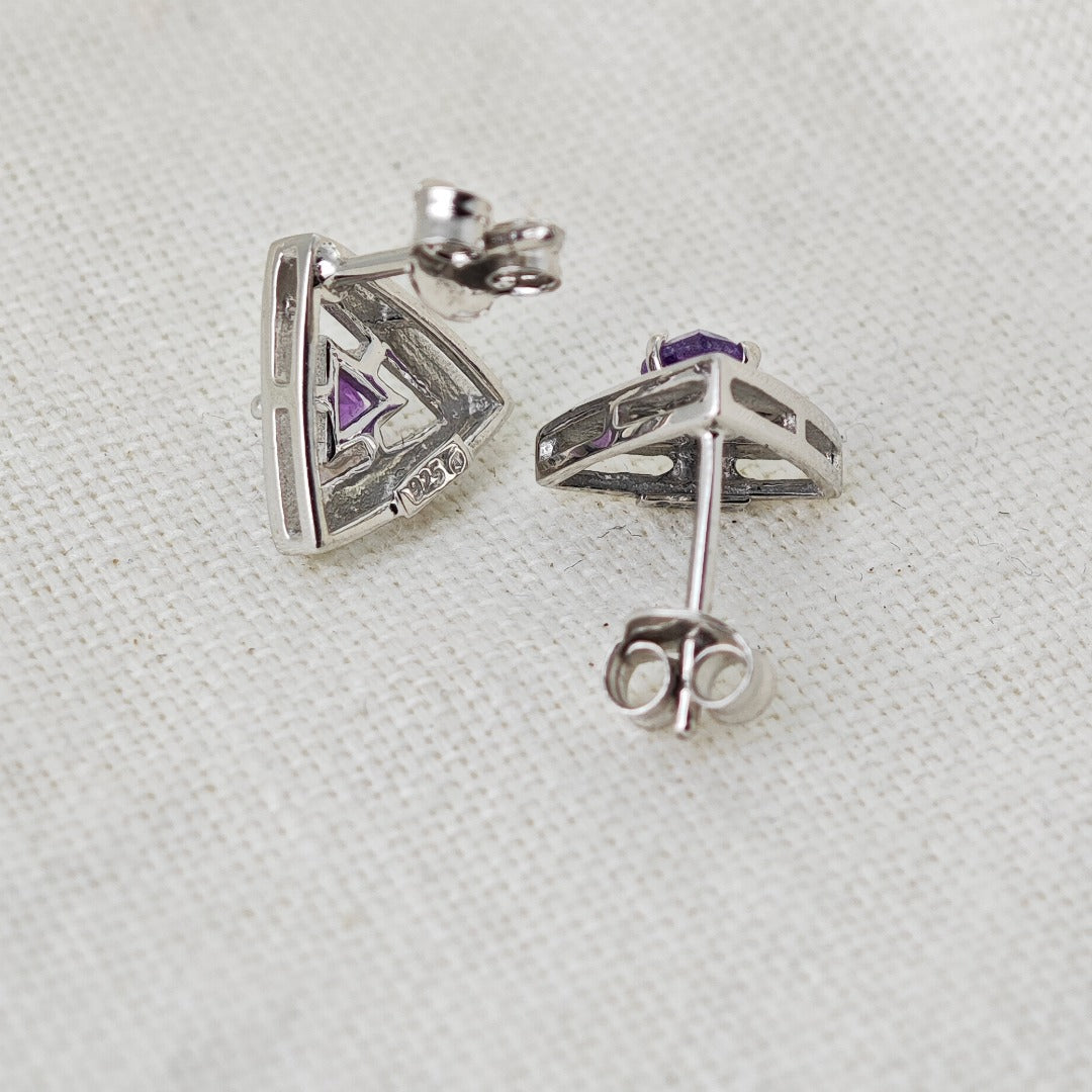 Amethyst Earrings Sterling Silver Studs Trillion