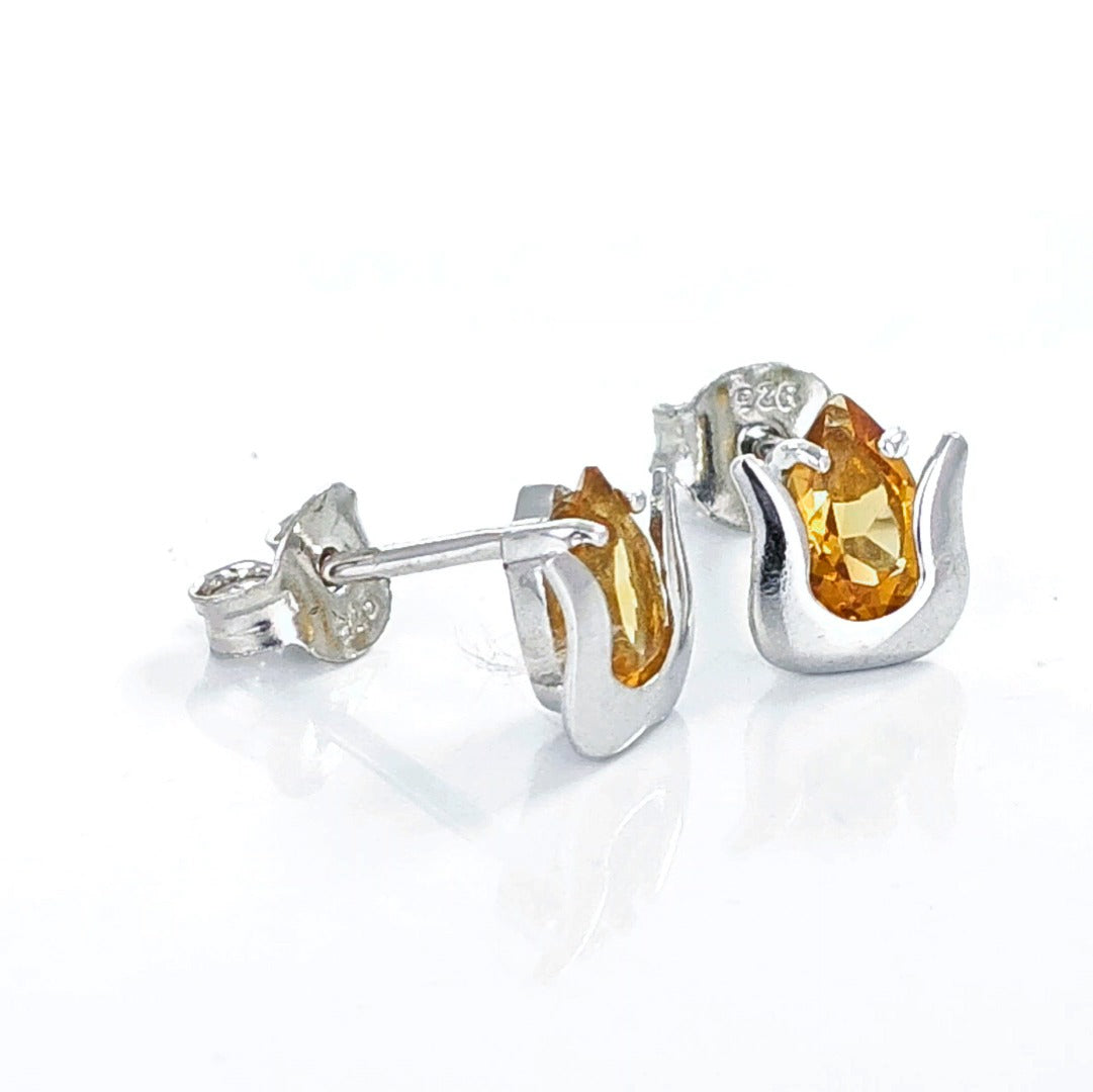 Elegant Sterling Silver Tulip Flower Earrings with Natural African Citrine Pear Cut Stones