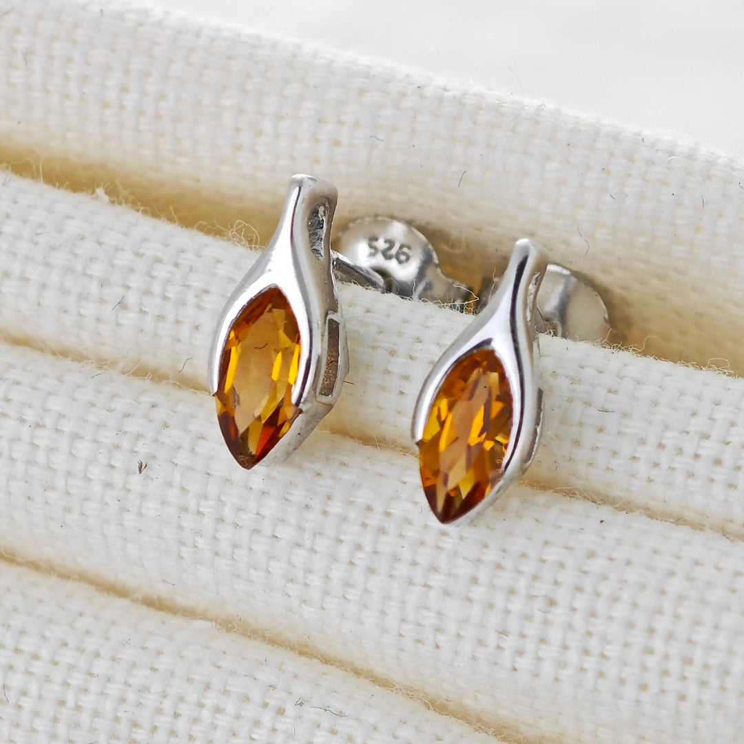 Citrine Earrings Sterling Silver Studs Minimalist Marquise
