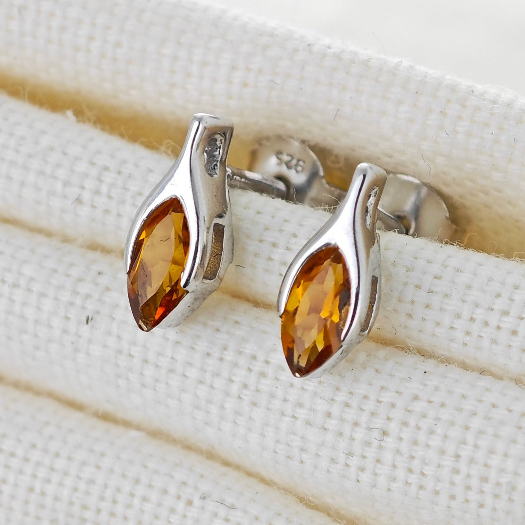 Citrine Earrings Sterling Silver Studs Minimalist Marquise