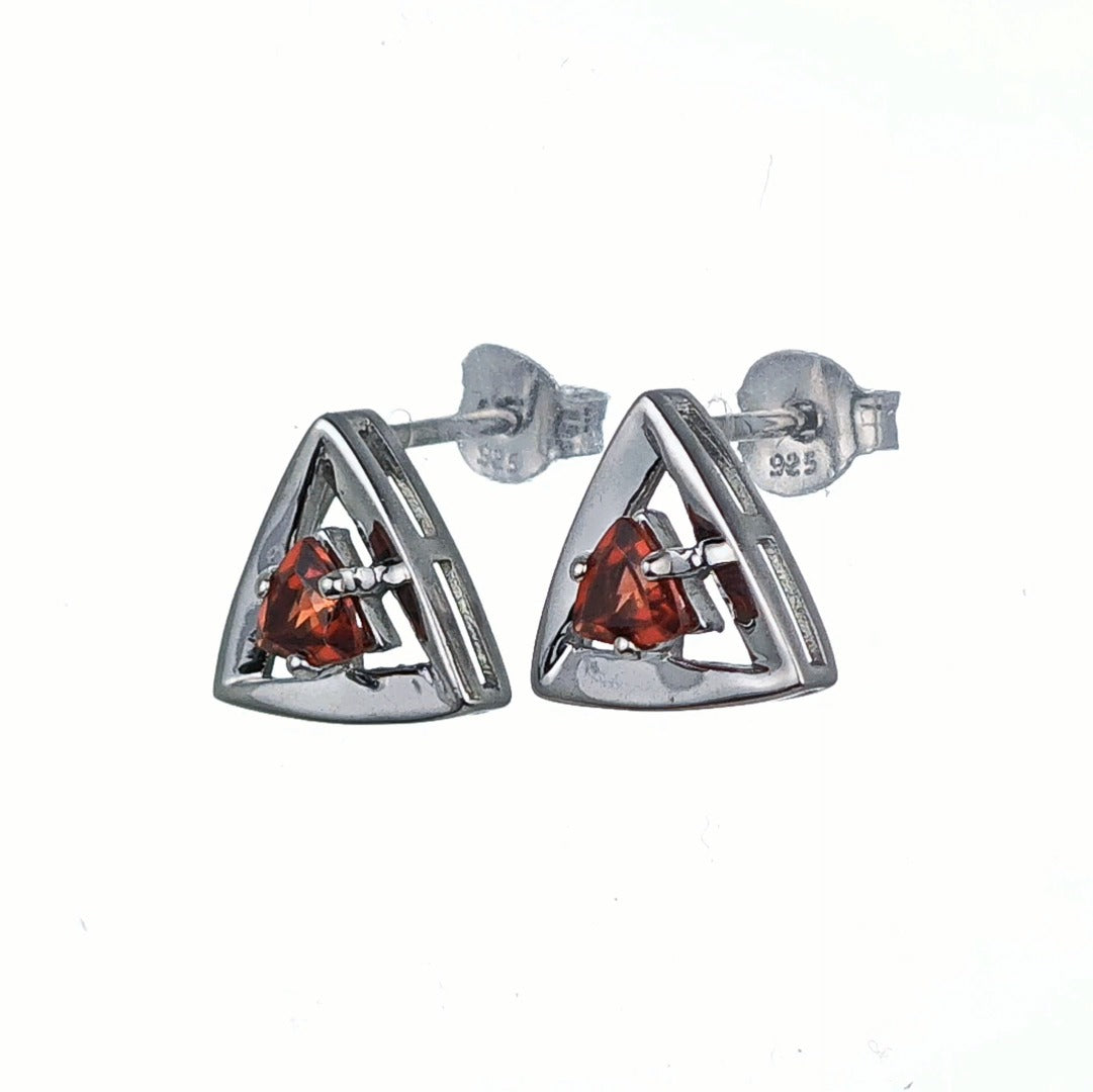 Garnet Earrings Sterling Silver Studs Trillion
