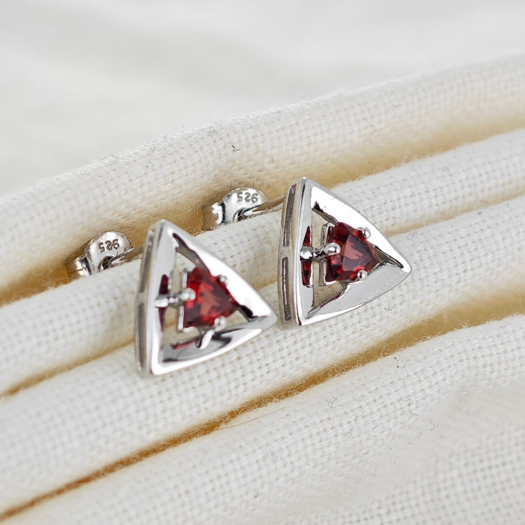 Garnet Earrings Sterling Silver Studs Trillion