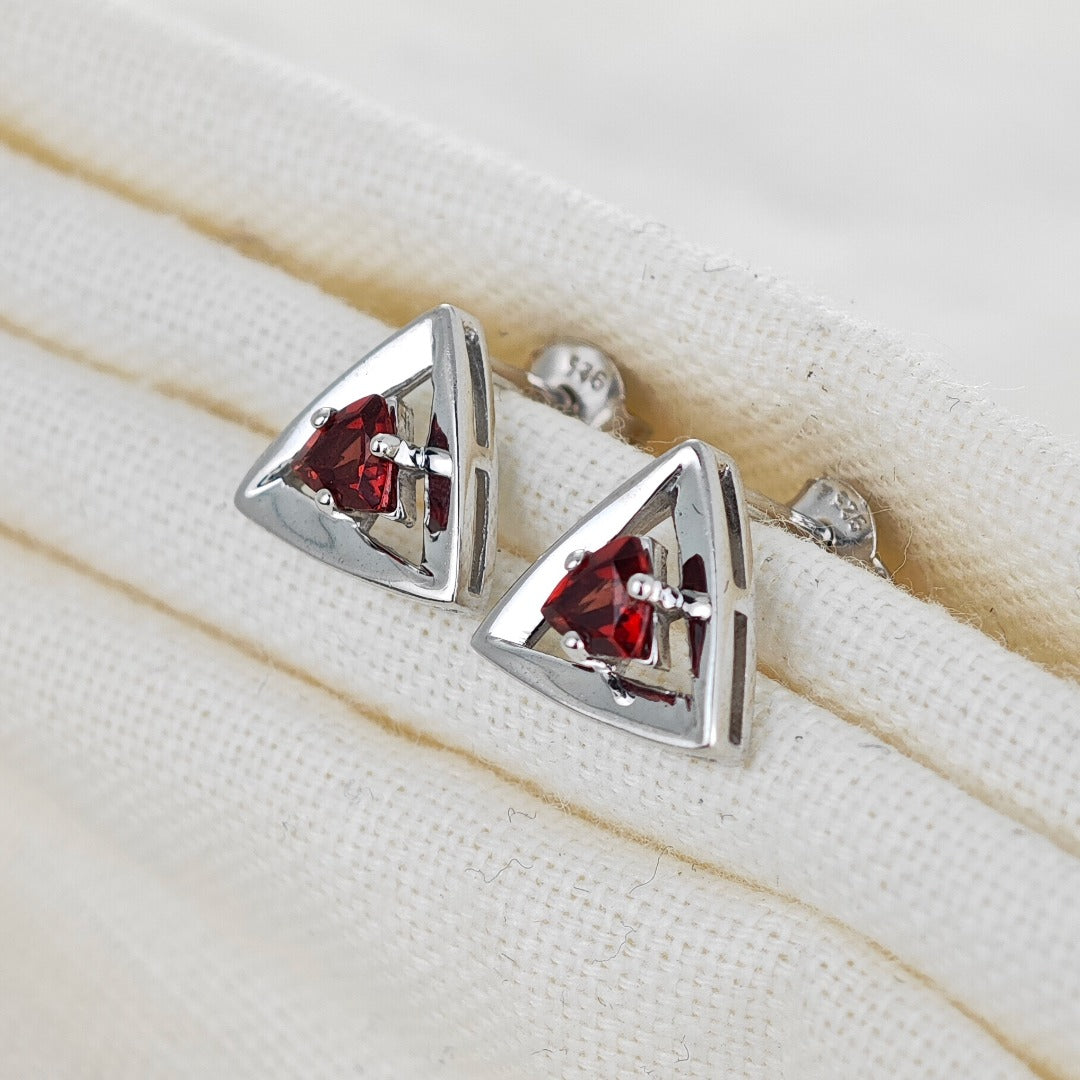 Garnet Earrings Sterling Silver Studs Trillion