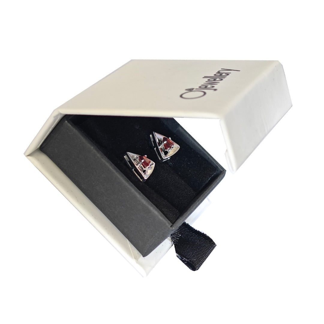 Garnet Earrings Sterling Silver Studs Trillion