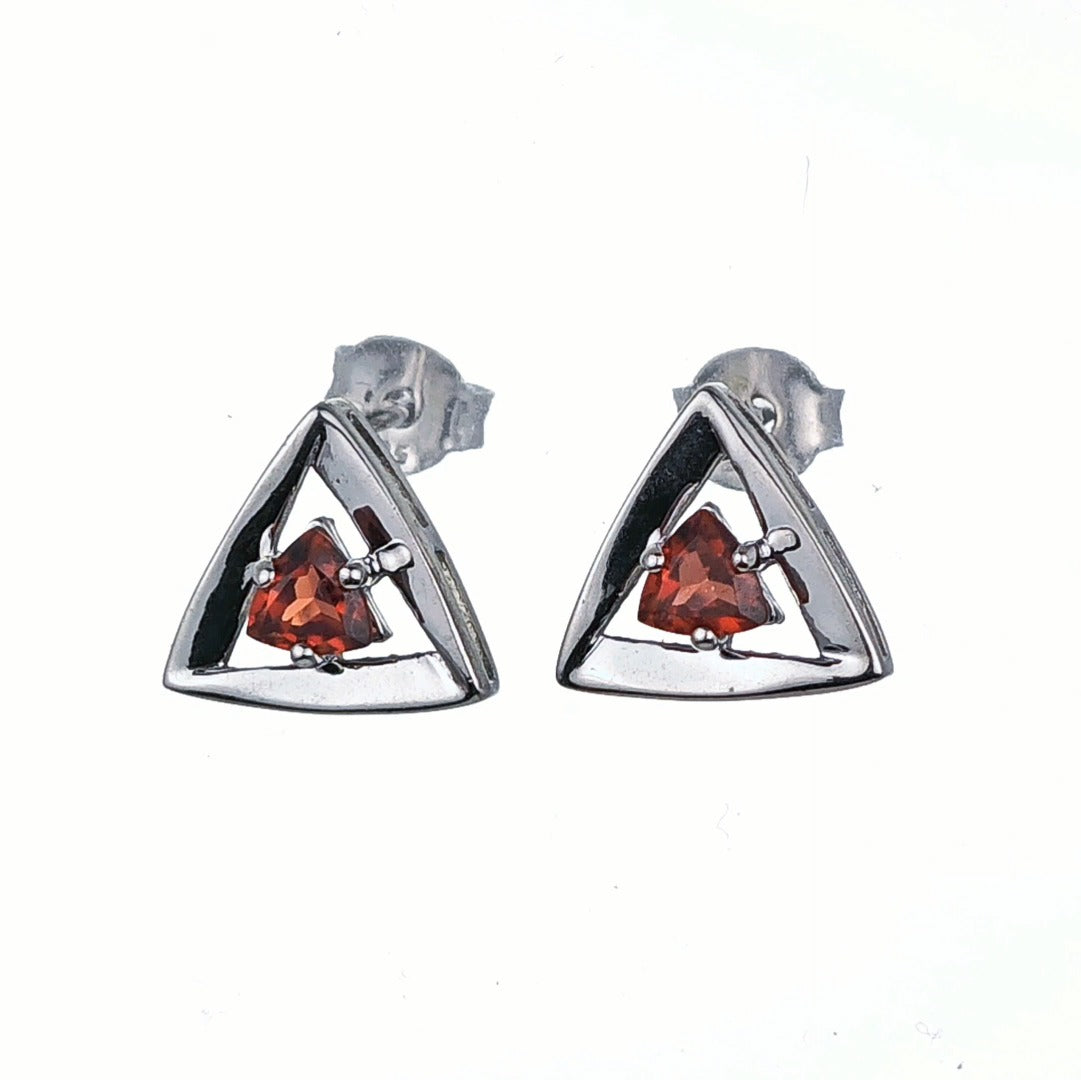 Garnet Earrings Sterling Silver Studs Trillion