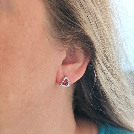 Garnet Earrings Sterling Silver Studs Trillion