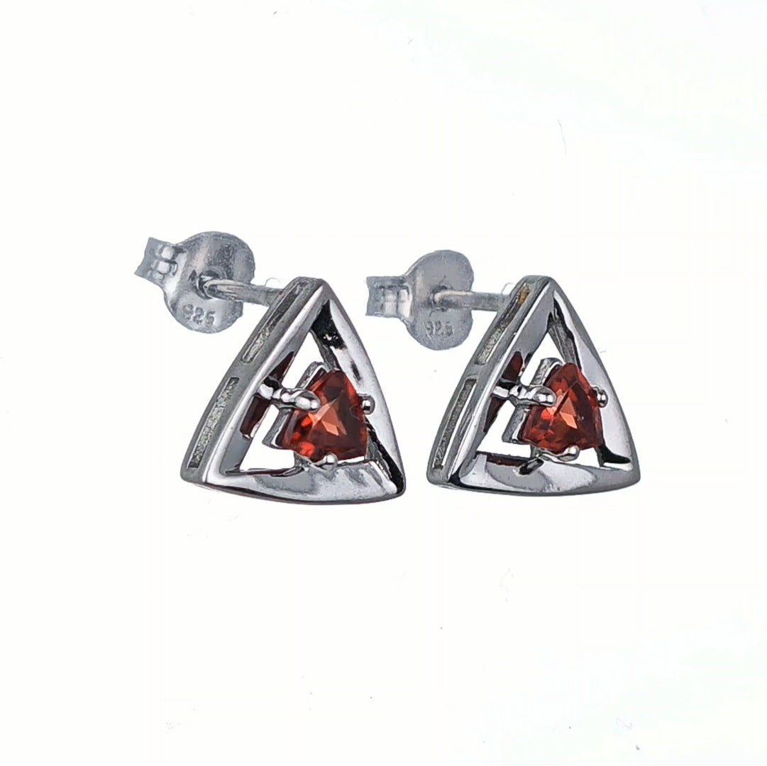 Garnet Earrings Sterling Silver Studs Trillion