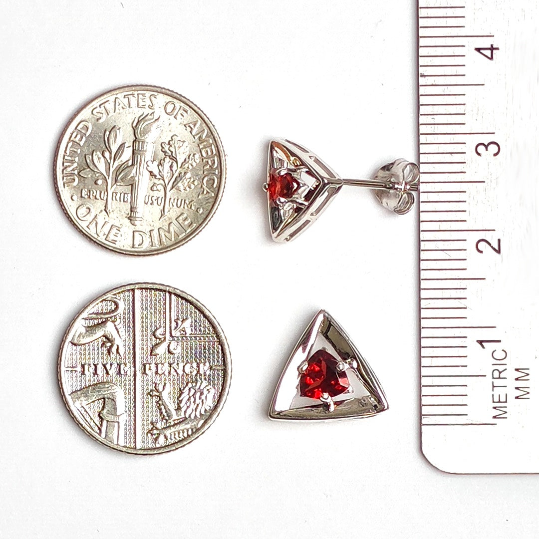 Garnet Earrings Sterling Silver Studs Trillion