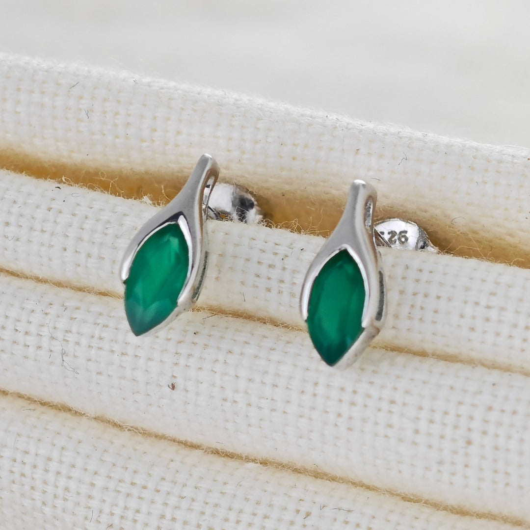 Onyx Green Earrings Sterling Silver Studs Minimalist Marquise