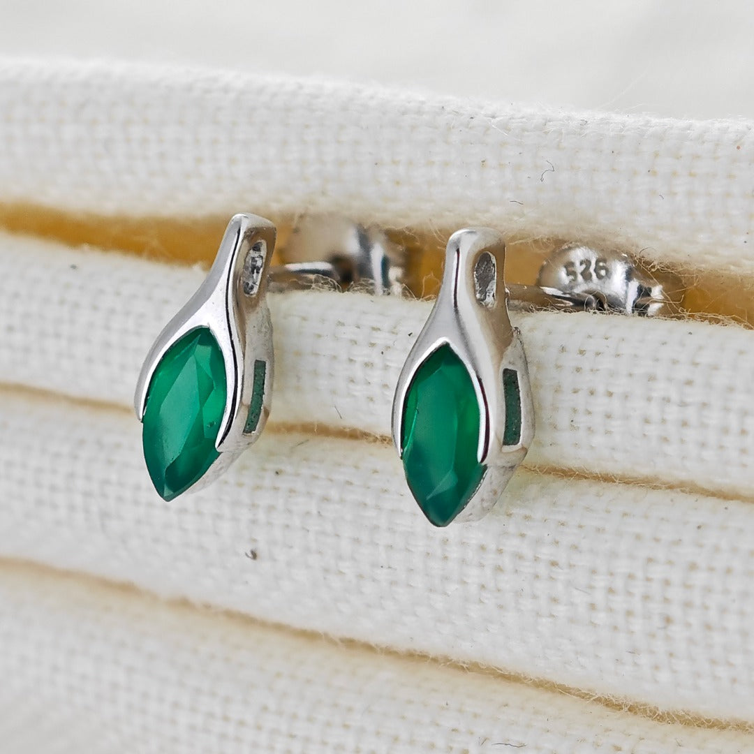 Onyx Green Earrings Sterling Silver Studs Minimalist Marquise
