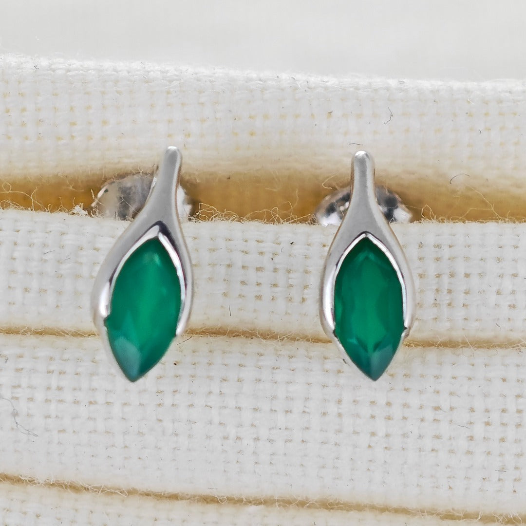 Onyx Green Earrings Sterling Silver Studs Minimalist Marquise