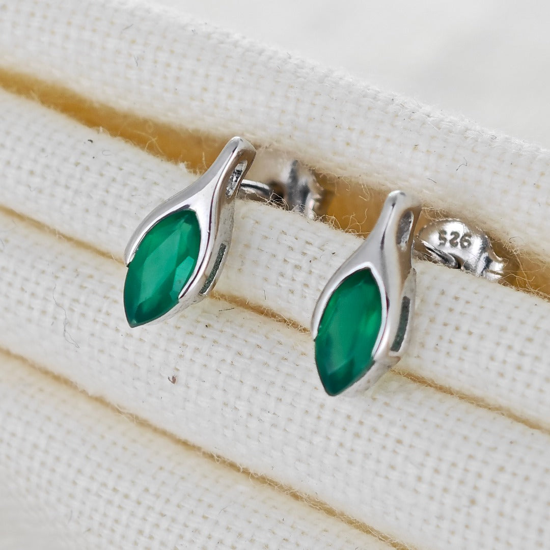 Onyx Green Earrings Sterling Silver Studs Minimalist Marquise