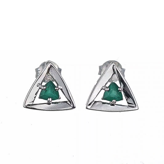 Onyx Green Earrings Sterling Silver Studs Trillion