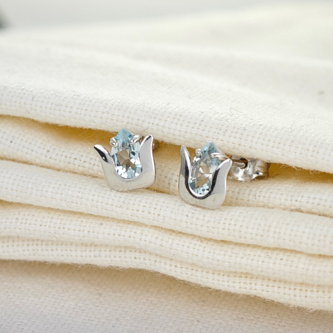 Aquamarine Earrings Sterling Silver Studs Tulip Flower