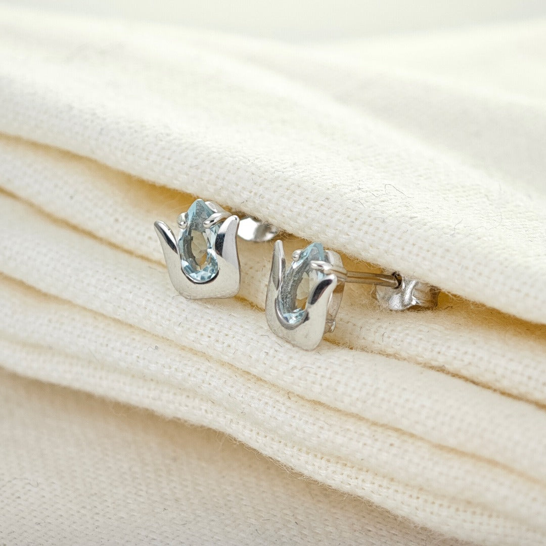 Aquamarine Earrings Sterling Silver Studs Tulip Flower